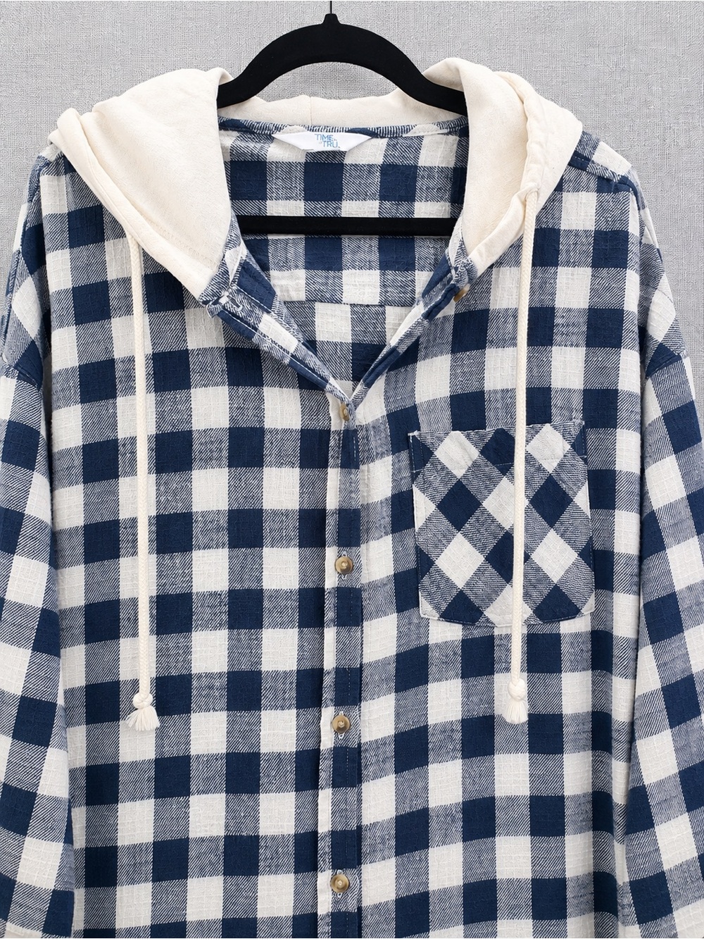 Time and Tru Navy and Cream Plaid Hooded Button-Up Shirt